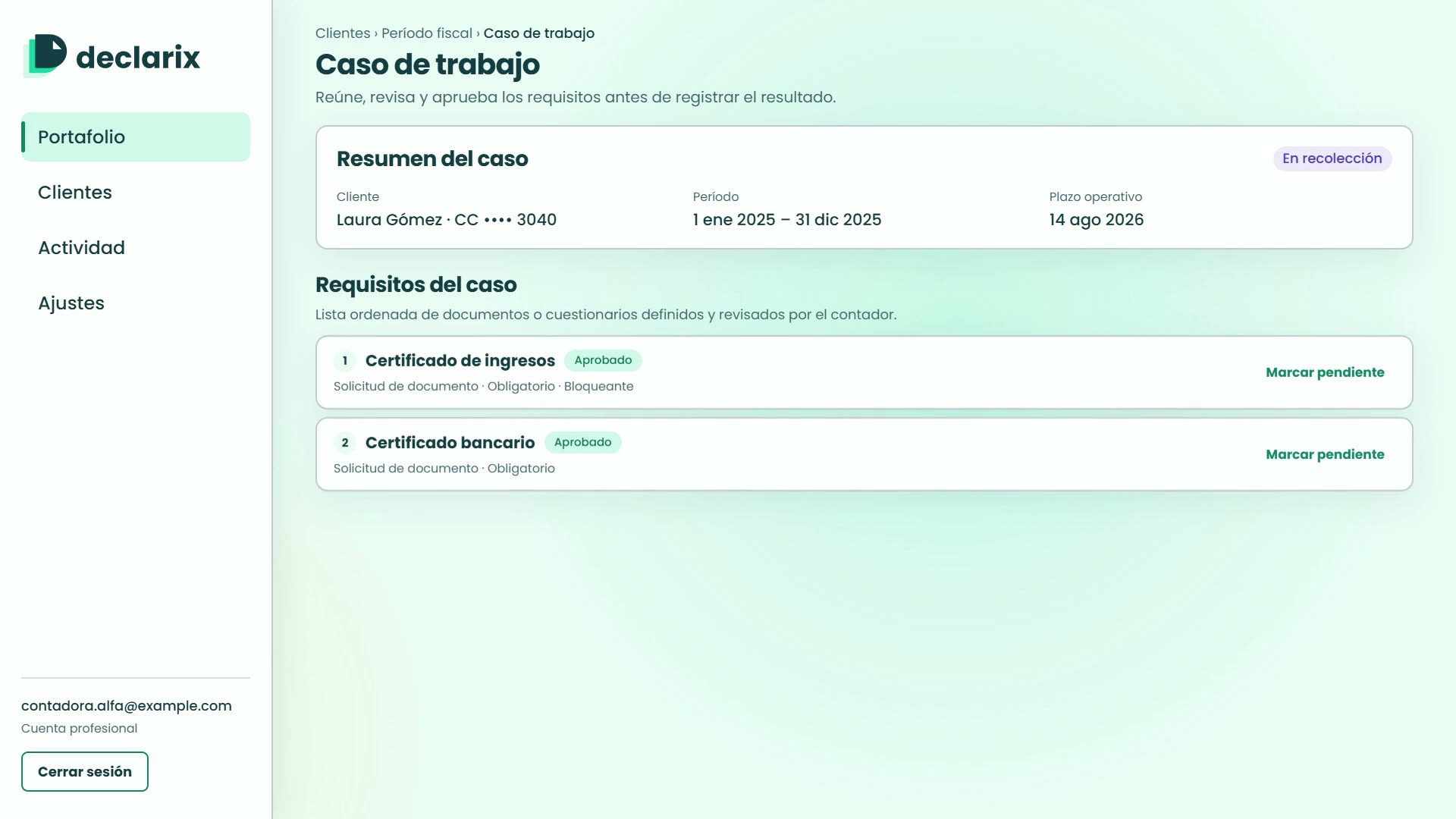 Caso de trabajo en Declarix con el resumen del caso y los requisitos aprobados