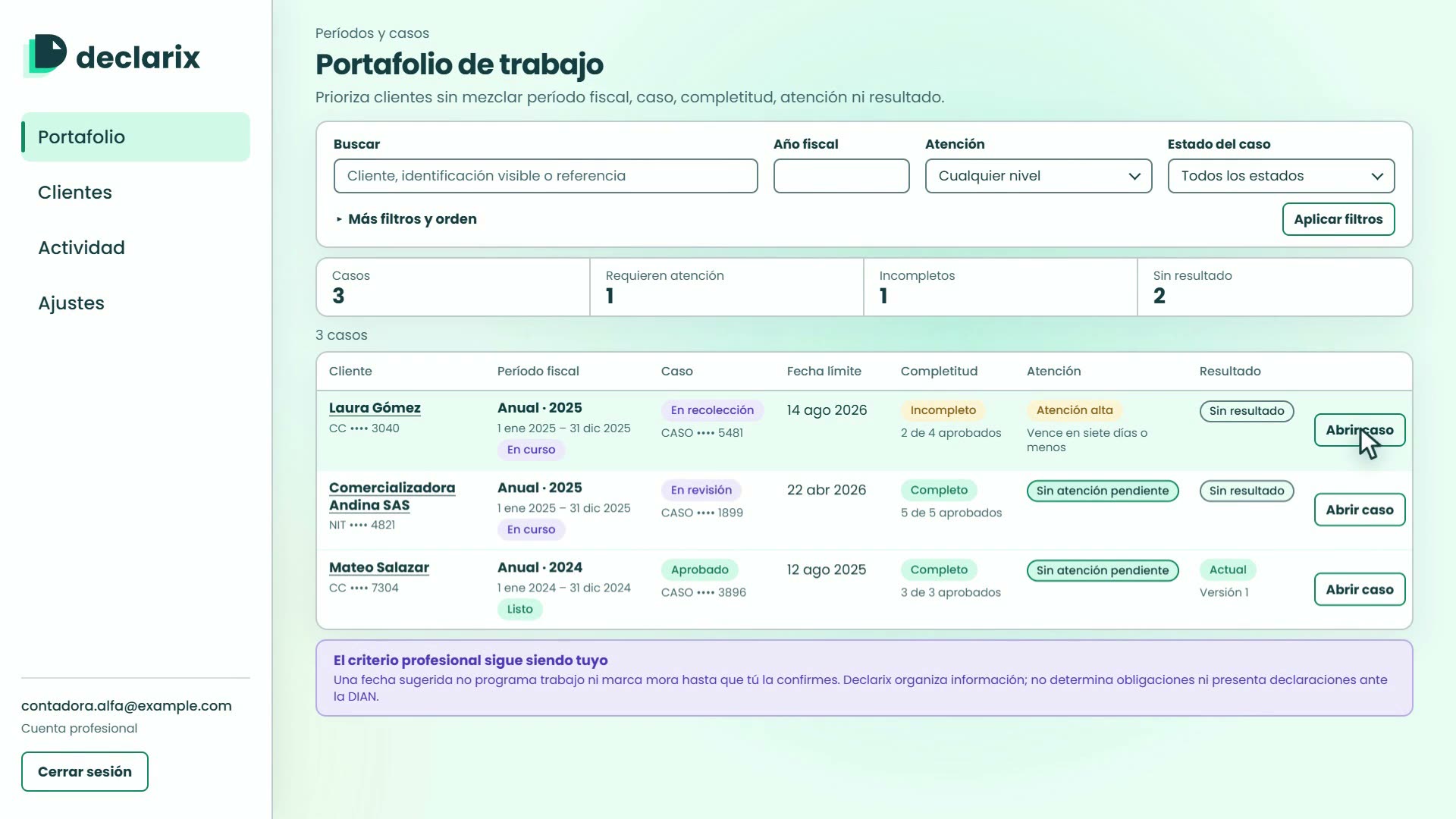 Portafolio de trabajo con los casos ordenados por vencimiento y completitud